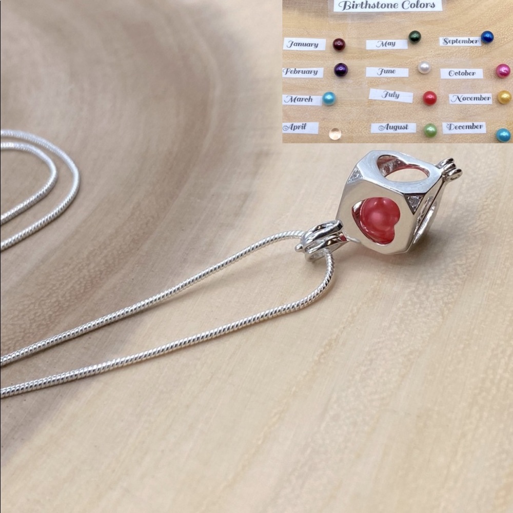 Cubic Heart Pearl Cage Necklace, Pick A Birthstone Color